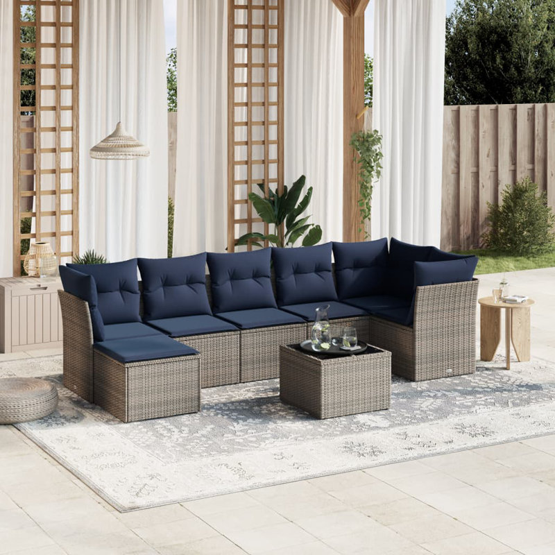  Ensemble de canapé de patio 8 pièces avec coussins en rotin de polyester gris, Marine, Gris
