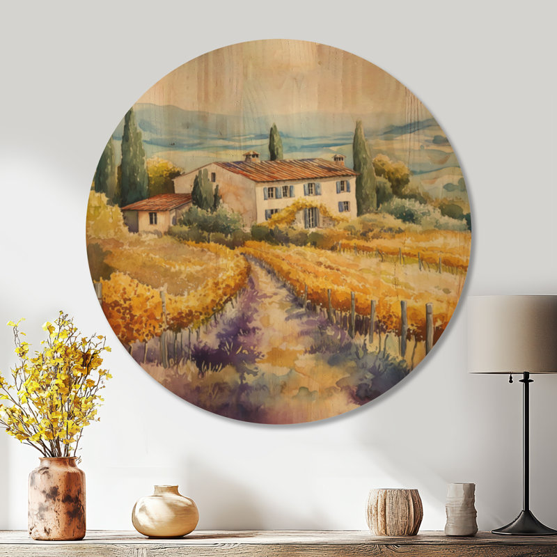 Villa viticole toscane II - Décoration murale ronde en bois de la région viticole, Rond 36 po, Rond