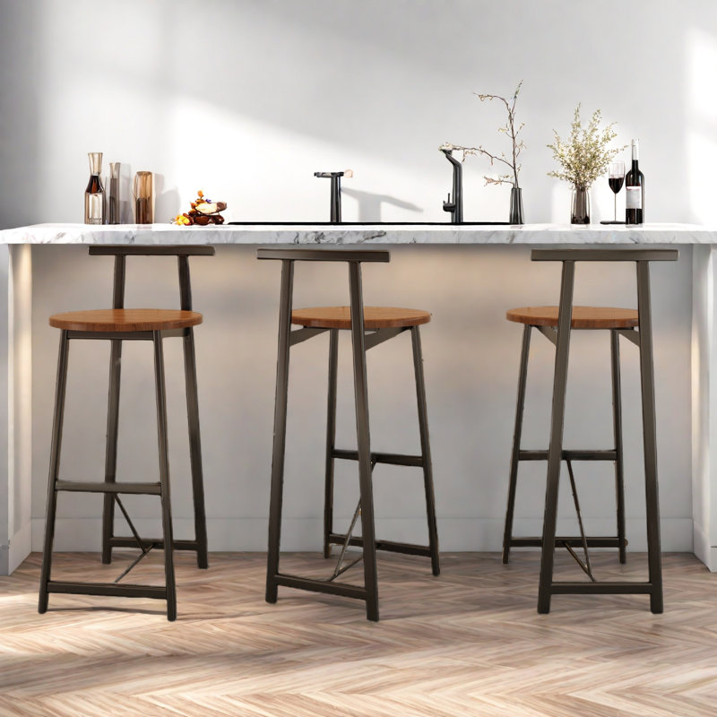 Set Of 3 Bar Stools With Backrest, Footrest And Metal Frame