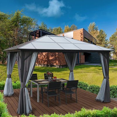 Kozyard Edward 10âx12â Polycarbonate Roof Hardtop Gazebo with Curtain and Mosquito Netting -  KZG811GR