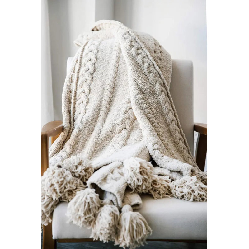 Braided Pom Throw Blanket, Sahara Tan