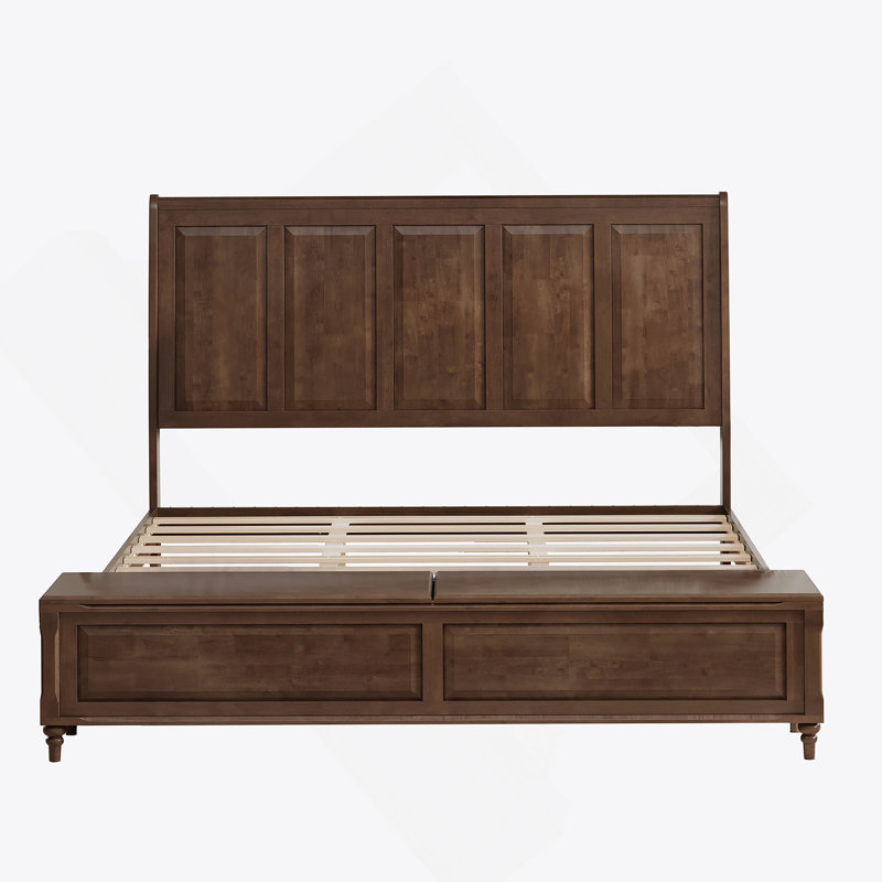 Base de lit avec banc de rangement haut pour tête et pied de lit, Très grand lit, Noyer brun
