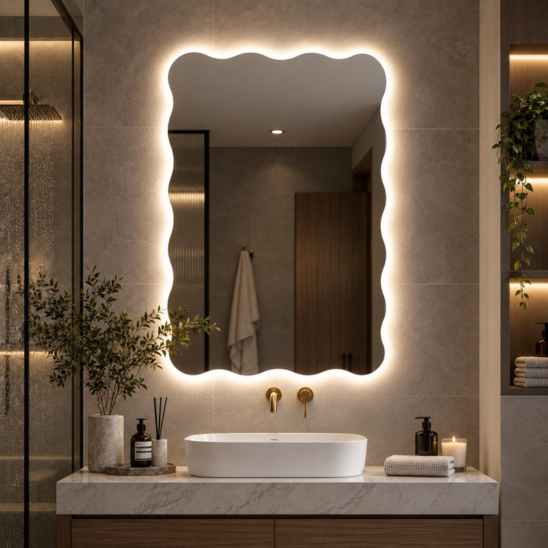 Miroir de salle de bain Scalloped Wavy Led Backlit, 24*36in, Rectangulaire