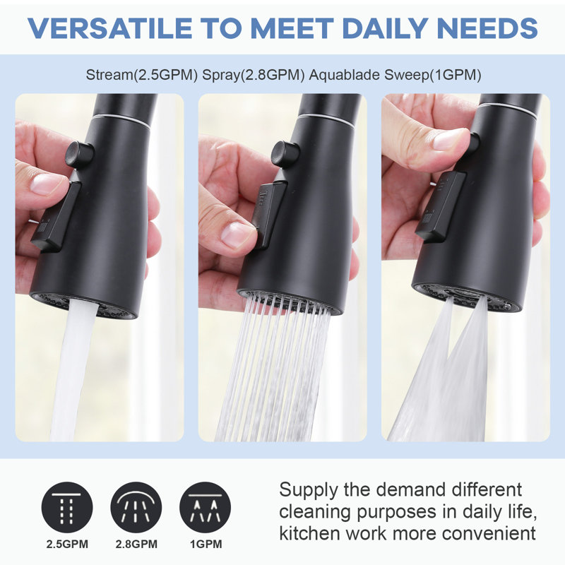 3-Function Pull Down Spray Head For Kitchen Faucet With 9 Adapters, Matte Black
