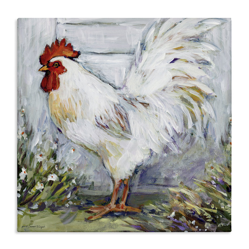 Art mural sur toile White Rooster in Flower Garden, design par Susan Winget, H 17 po x l 17 po