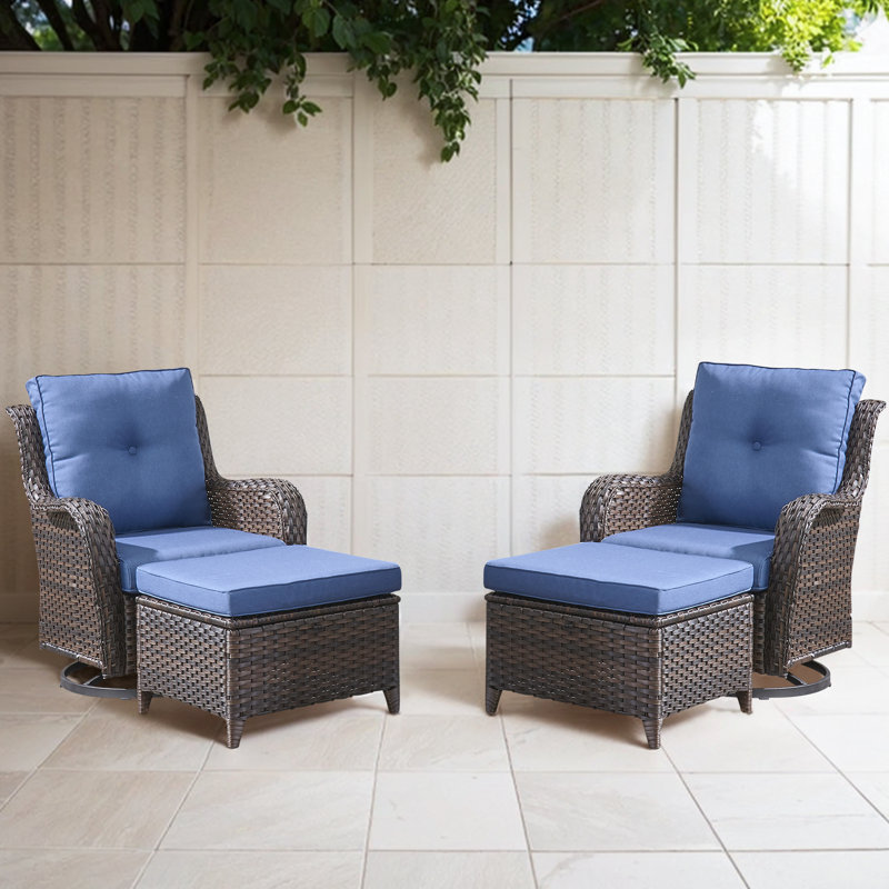 Bonia Makennah Swivel rocking Patio Chair with Cushions and Ottoman, Blue, Brown