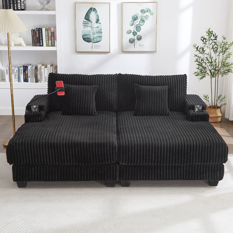 Modern Chaise Sofa 75.5" Chaise Lounge Sofa Loveseat Sofa Sleeper Sofa With Adjustable Backrest, Cup Holders , Phone Holder And Storage Compartments For Living Room, Black