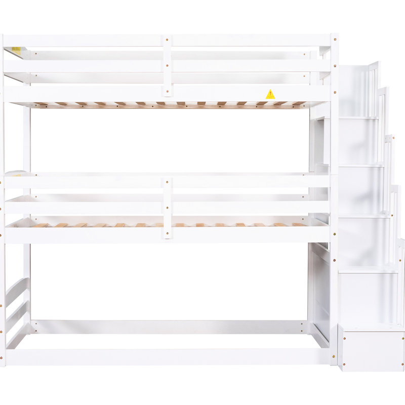 Lit superposé triple blanc avec matelas simples et escalier de rangement séparé - option espace supplémentaire