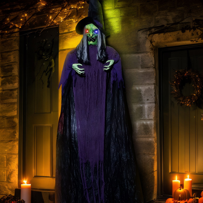 Décoration d'Halloween sorcière suspendue de taille réelle 11,8 pi avec yeux illuminés, son tactile, accessoire de fête intérieur et extérieur