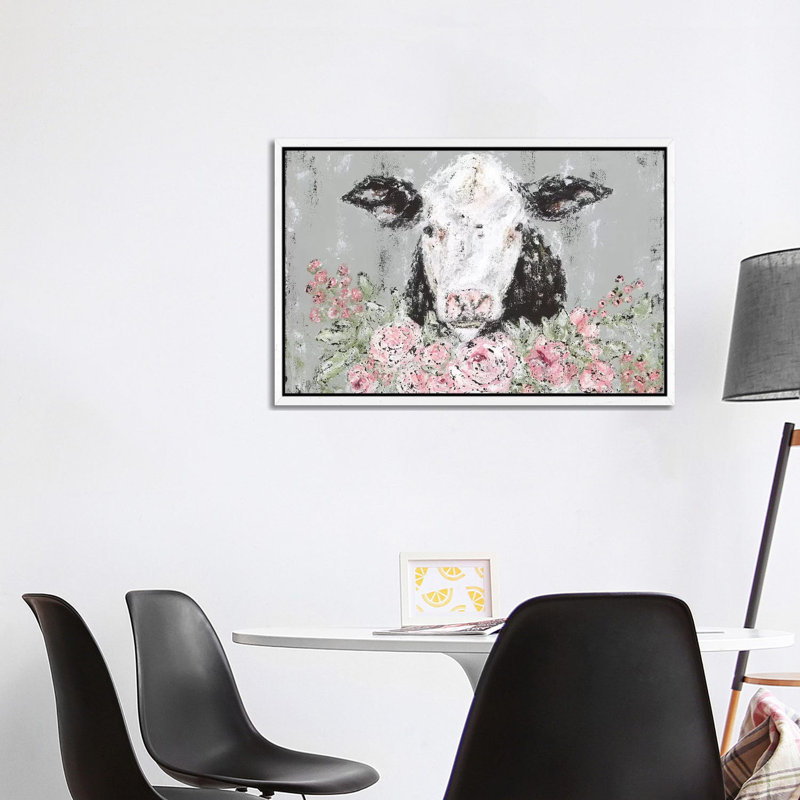 Floral Cow by Ashley Bradley - Painting on Canvas, White Framed, 101.6 cm H x 66.04 cm W