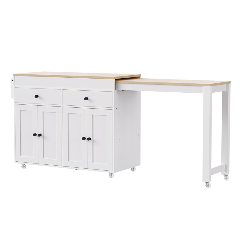 Îlot de cuisine 74,5 pouces avec table de salle à manger extensible (sans tabourets), Blanc cassé