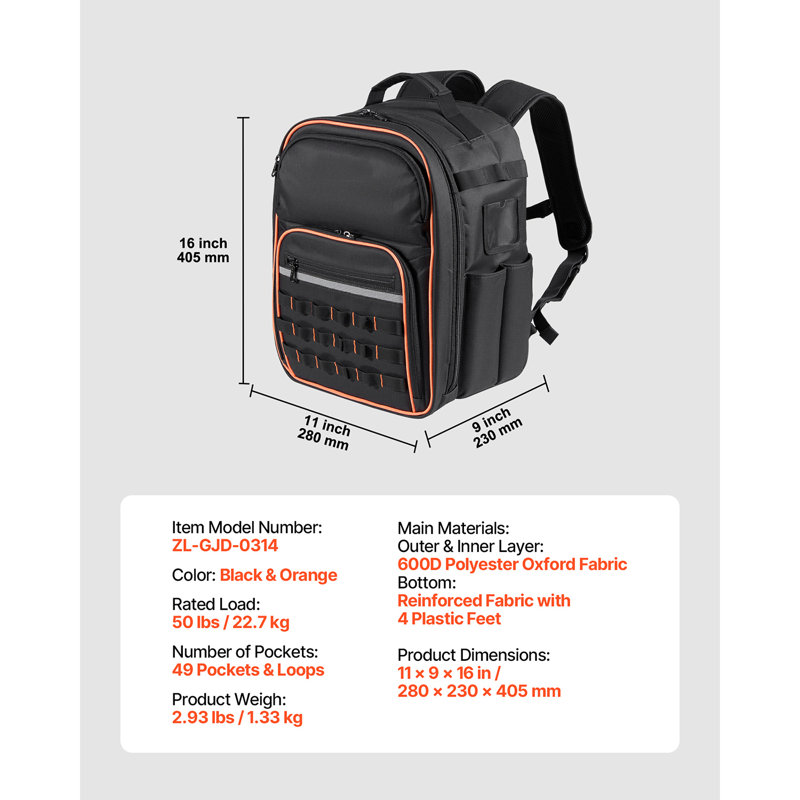 Sac à dos à outils résistant à la déchirure pour chantier