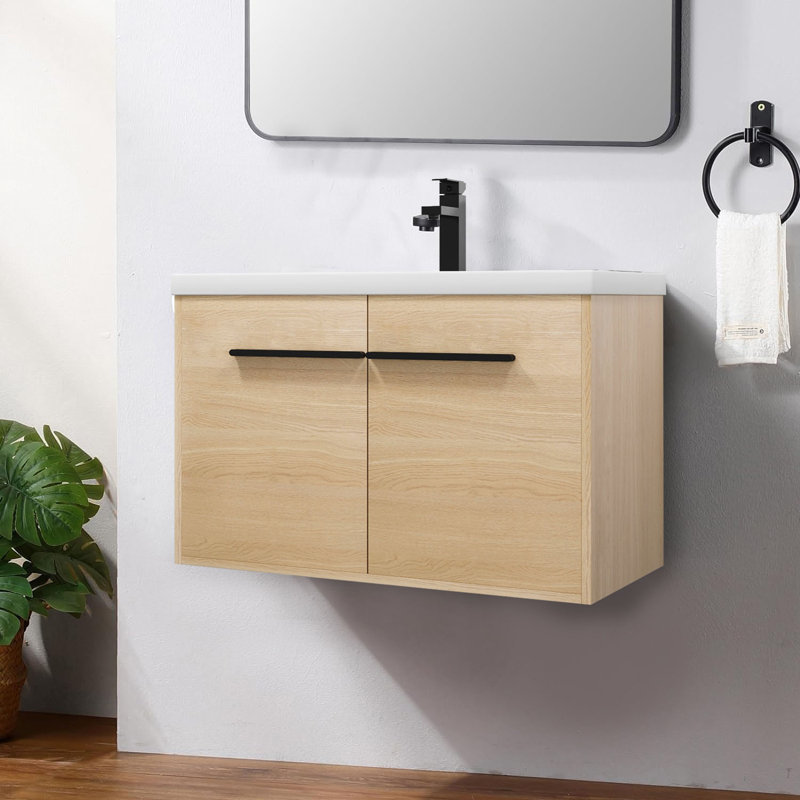 Meuble-lavabo mural classique en bois avec lavabo à poser en résine