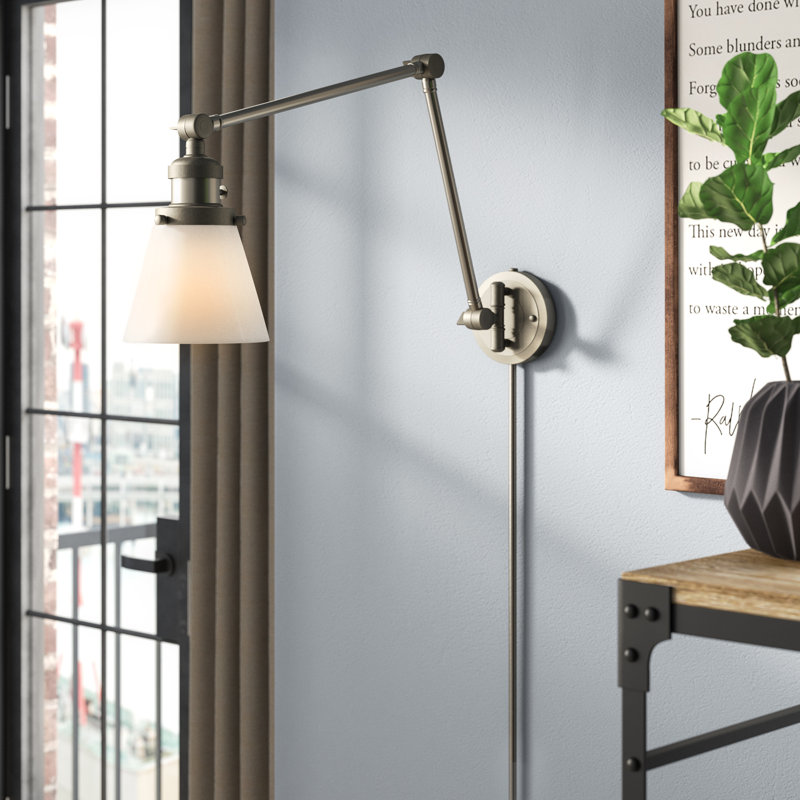 Lampe murale avec bras pivotant 1 lumière Cone, Boîtier blanc mat, Cuivre antique, Ampoule incandescente rétro 60 watts
