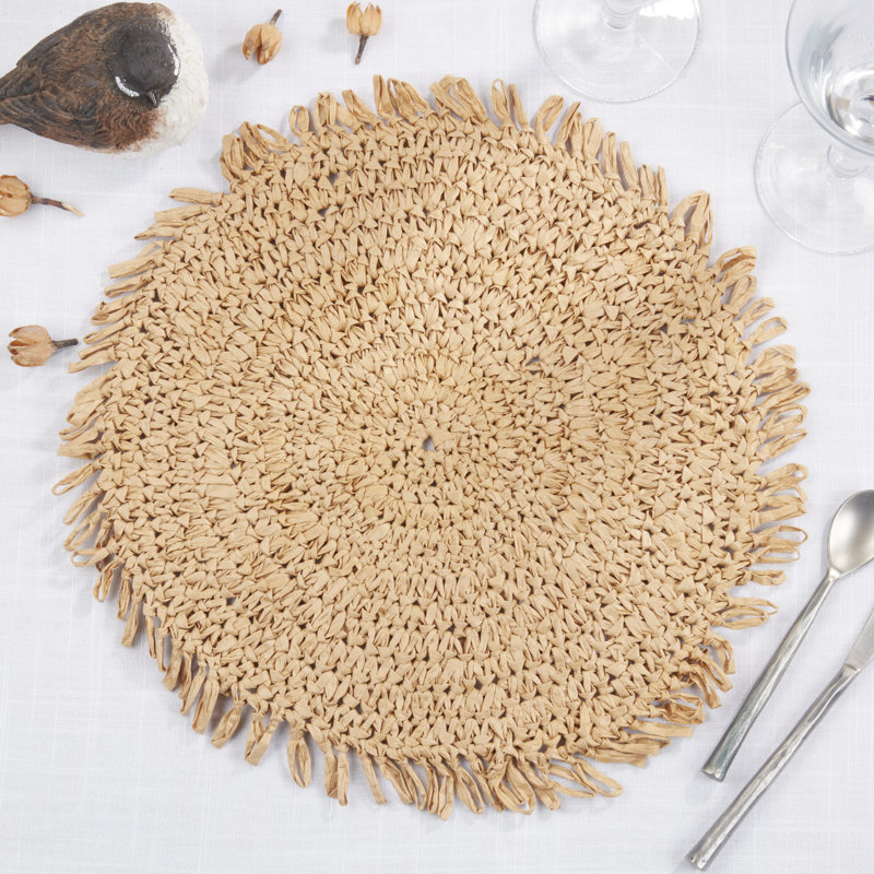 Kiri Collection 100% Paper Raffia No Pattern Round Placemat, Natural