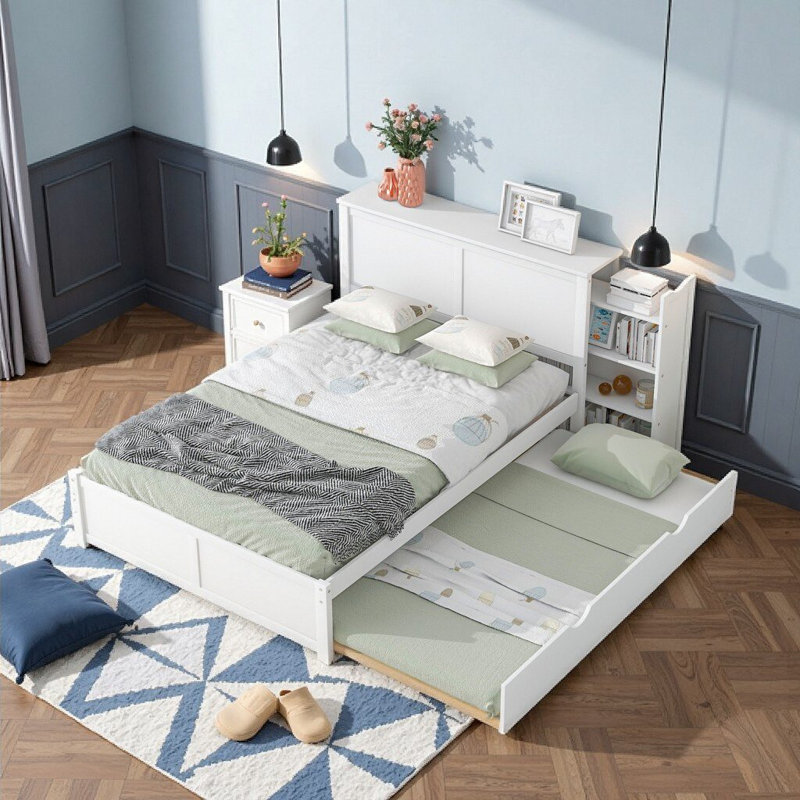 Exclusif Wayfair: lit plateforme avec rangement pleine grandeur blanc avec tablettes coulissantes à 4 niveaux et lit gigogne simple - rangement spacieux, conception peu encombrante