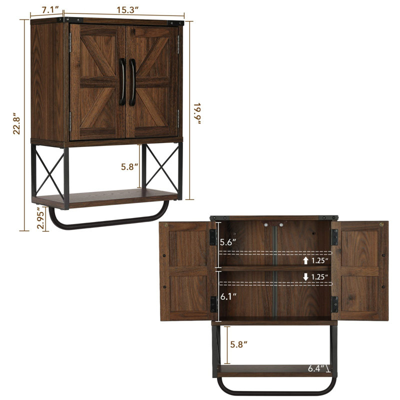 Medicine Cabinet with Two Barn Door,with Adjustable Shelf and Towel Bar, Dark Walnut