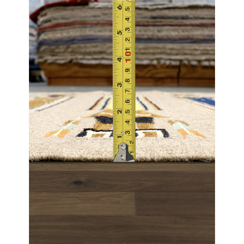 Tapis rectangulaire en laine tissé à la main à motif géométrique beige / brun / bleu, Rectangle 4 pi 3 po x 5 pi 10 po