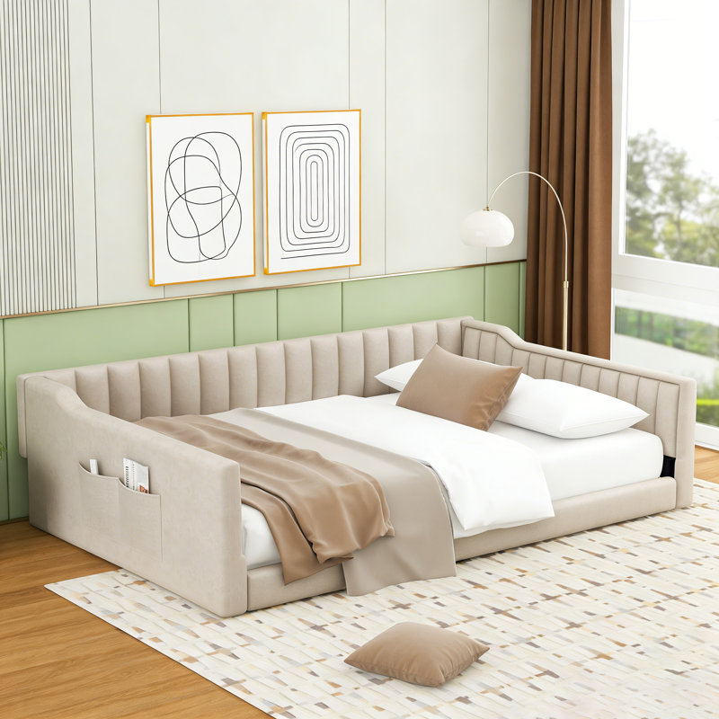 Full XL Upholstered Daybed With Side Storage Pocket, Full XL, Beige