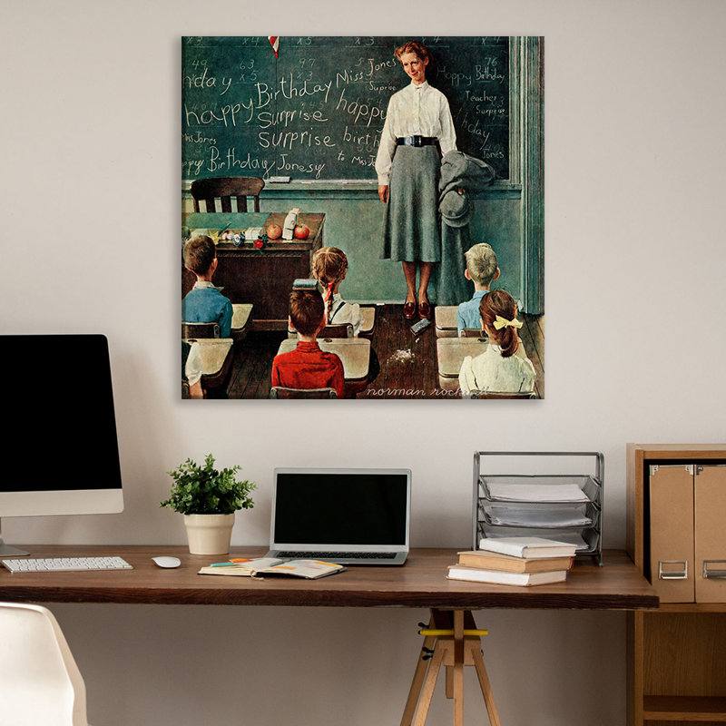 «School Teacher Happy Birthday» par Norman Rockwell, toile tendue avec châssis, H 24 po x l 17 po
