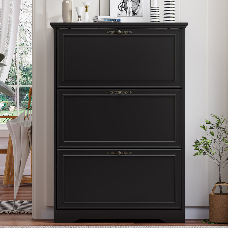 3-Tier Flip Drawer Shoe Cabinet Palace Style, 31.5" Wide Entryway Storage Tower Holds 24 Pairs, Freestanding Hallway Organizer with Adjustable/Removable Shelves, Anti-Tip