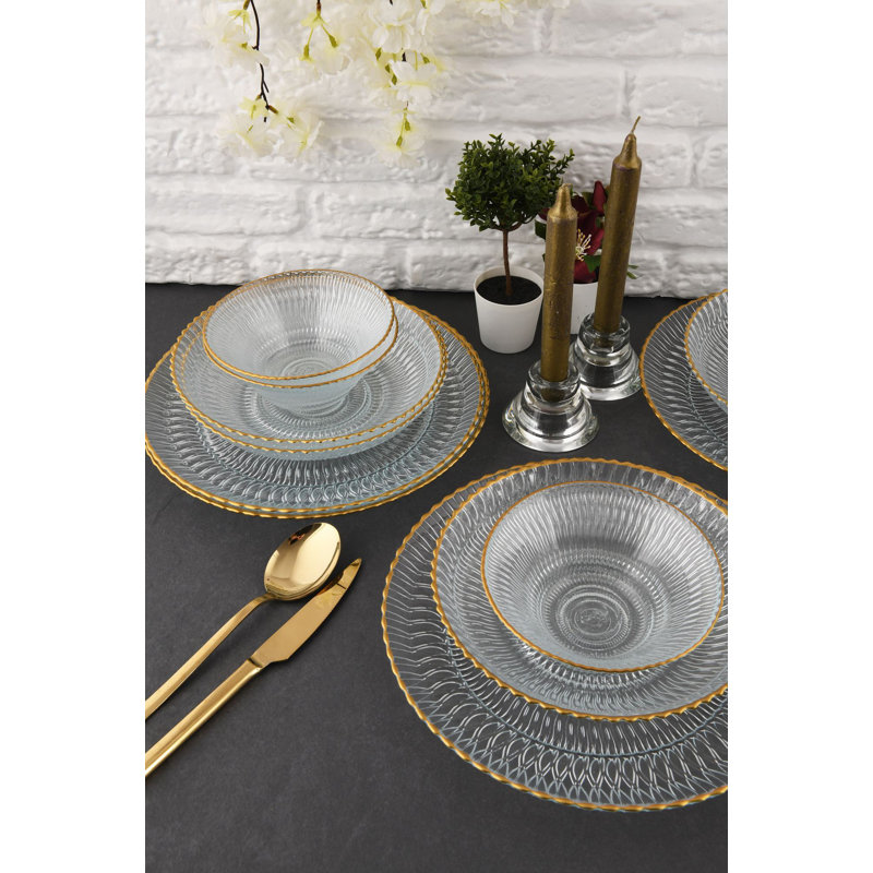 Service de table élégant 12 pièces, verre transparent | Comprend 4 bols (5,9 po), 4 assiettes (8,3 po), 4 assiettes de service (11 po) | 100% verre, design élégant | Parfait pour les repas formels et les réceptions, ne va pas au lave-vaisselle ni au micro-ondes