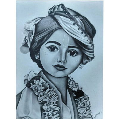Mignon petit dessin au fusain sur papier Krishna - Art spirituel indien de 16,7 po x 11,7 po par Krutik Jangir