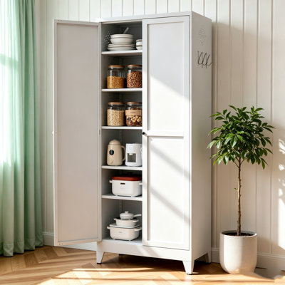 Armoire de cuisine 75 po en métal blanc avec 5 tablettes réglables, armoire de rangement autoportante d'une capacité de 110 lb