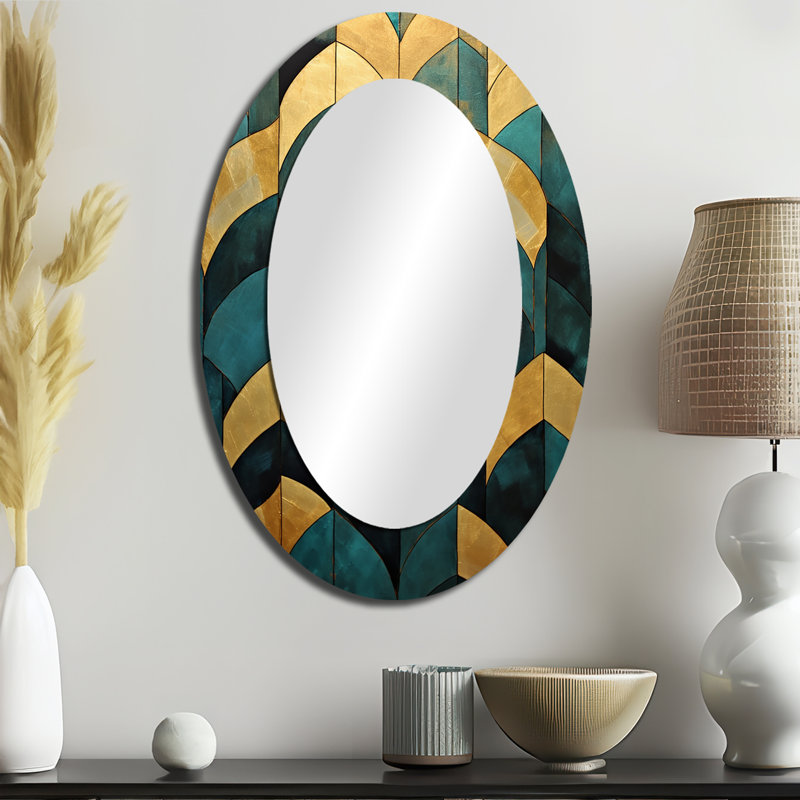 Emerald And Golden Arches V - Large Oval Wall Mirror On Metal, 36" x 24"