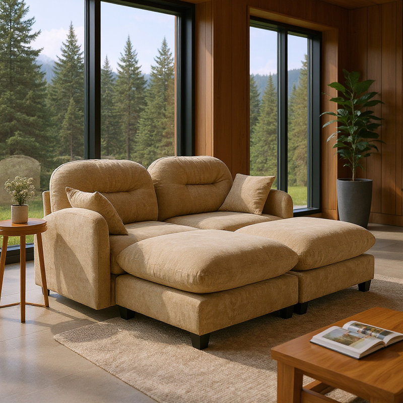 Canapé modulaire en chenille 2 places avec 2 coussins et 2 repose-pieds, Chameau, H 36,6 po x l 74 po x P 34,2 po