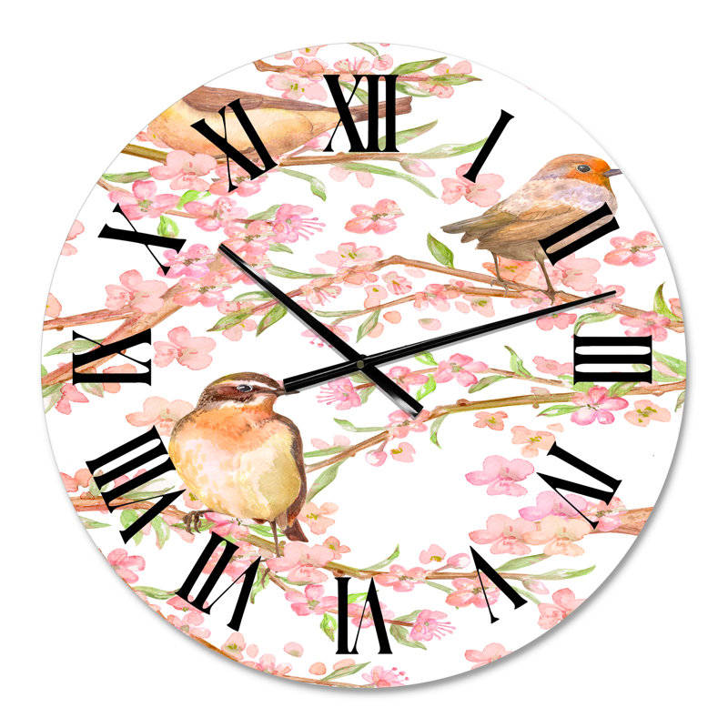 Branches de fleurs d'amandier et de jolis oiseaux - Horloge murale traditionnelle, Petit