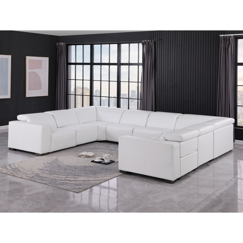 Arcadia Luxurious 8-Piece U-Sectional In Genuine Leather With 2 Power Recliners With Power Headrests, White