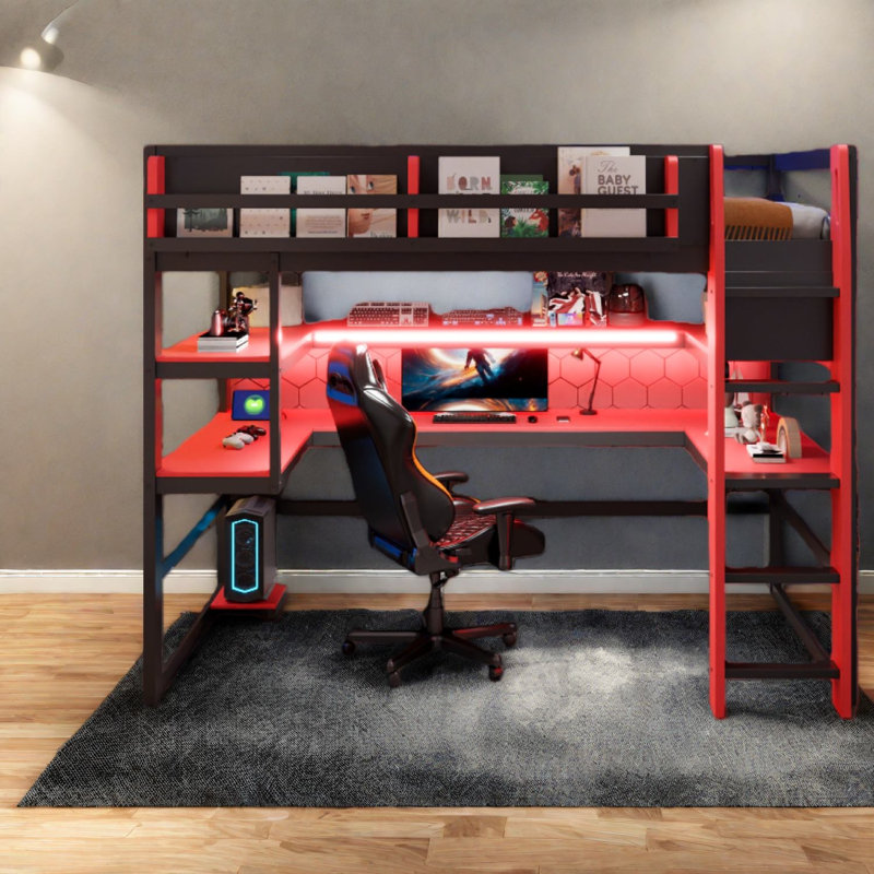 Lit mezzanine en bois multifonctionnel avec lumière RVB et tablettes de rangement