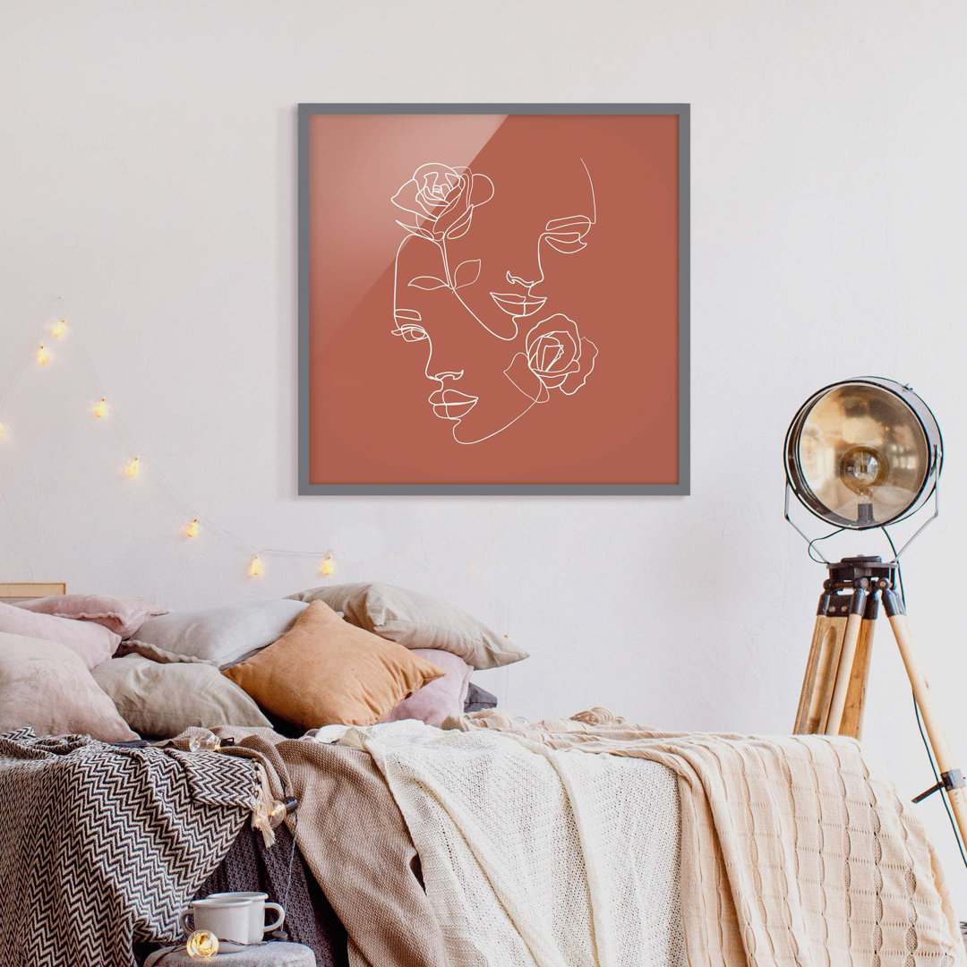 Gerahmter Kunstdruck Line Art Faces Women Roses Copper