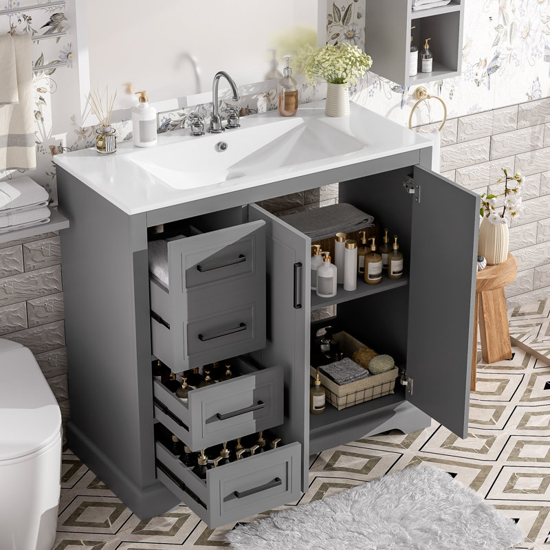36" Single Bathroom Vanity With Ceramic Sink, Gray