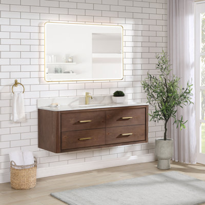 Cristo 55'' Wall Mounted Single Bathroom Vanity with Quartz Top