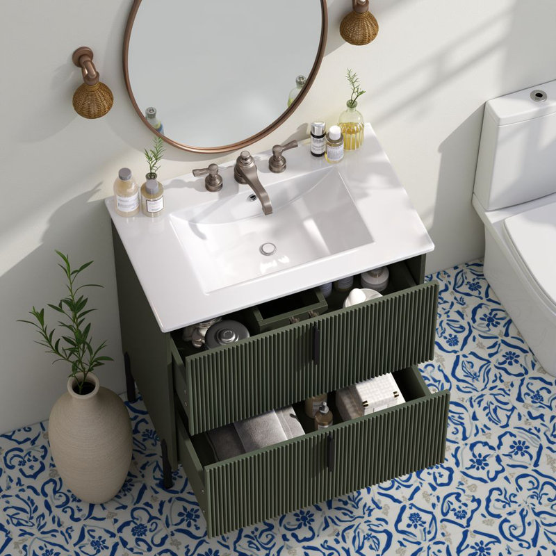 30" Freestanding Bathroom Vanity With Ceramic Sink & 2 Soft-Close Drawers, Green