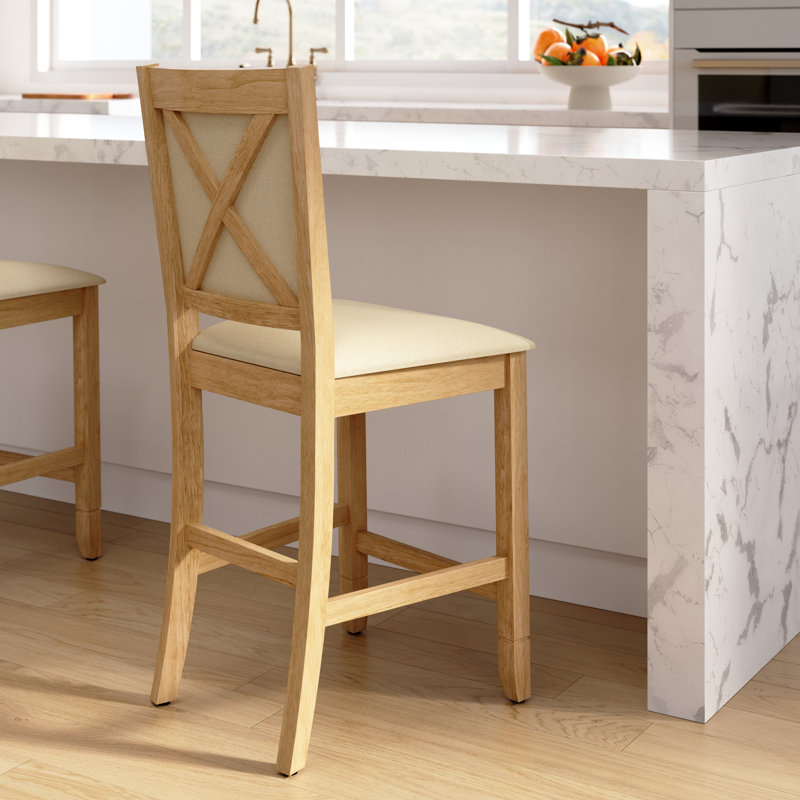 Tabouret de bar à hauteur de comptoir, assise rembourrée, dossier en X, bois de ferme, chêne blond et tissu beige