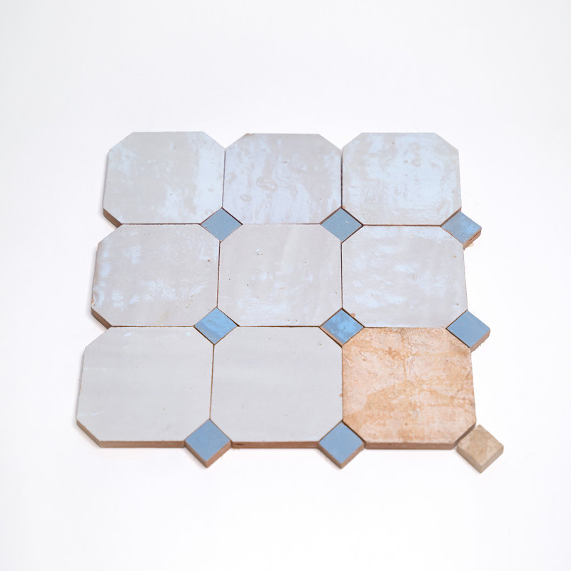 Bouchon 4 in. x 4 in. Terracotta Tile, Off-White/Light Blue