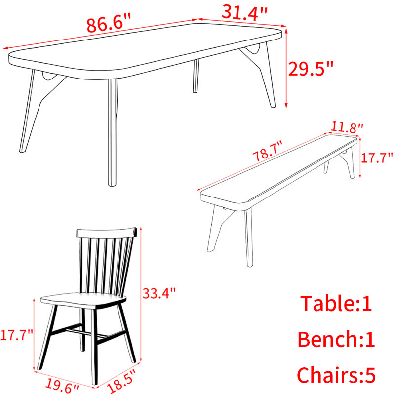 Ensemble de table à manger moderne et simple en bois massif., H 29,5 po x L 86,6 po x l 31,4 po