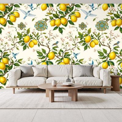 Peel and Stick Wallpaper Botanical Floral Blue Birds Yellow Lemons Wall Murals 100"H x 144"W Removable PVC Wall Paper Self-Adhesive Wall Paintings Art Decor for Bedroom Living Room