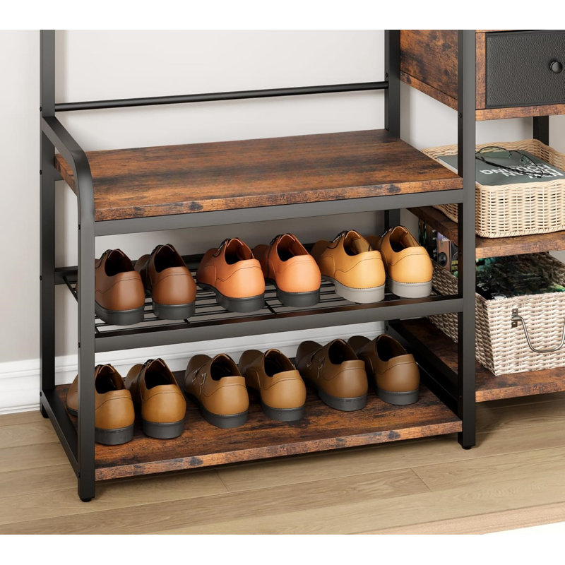 4-in-1 Hall Tree Shoe Bench For Entryway, Coat Tree With Bench Storage Shelf And 8 Hooks, Brown/Black