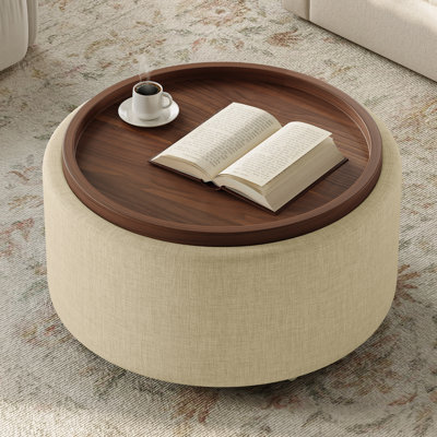 Feros Modern 30" Round Linen Storage Ottoman Coffee Table with Reversible Solid Wood Tray Lid