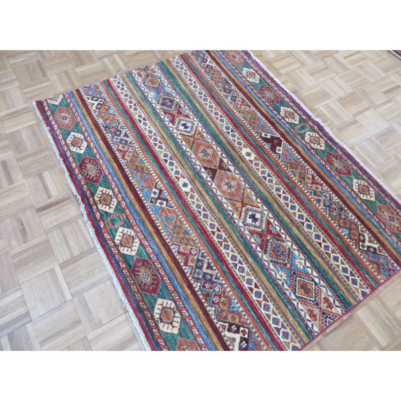 Tapis en laine rouge/vert 4 pi 2 po x 5 pi 4 po one-of-kind-noué la main