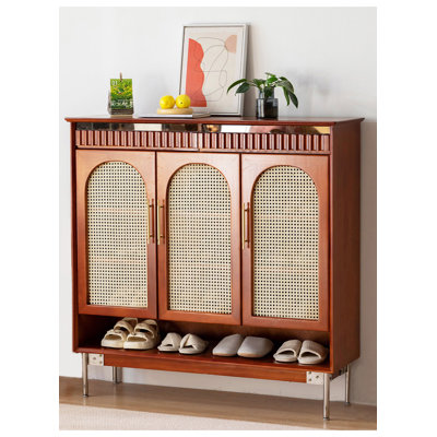 Vintage rattan-woven solid wood shoe cabinet