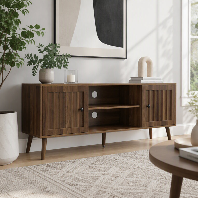 Meuble télé en bois de 55 po avec 2 portes à rainure verticale