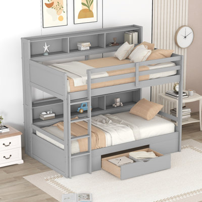 Twin Size Bunk Bed With Built-In Shelves Beside Both Upper And Down Bed And Storage Drawer,Grey