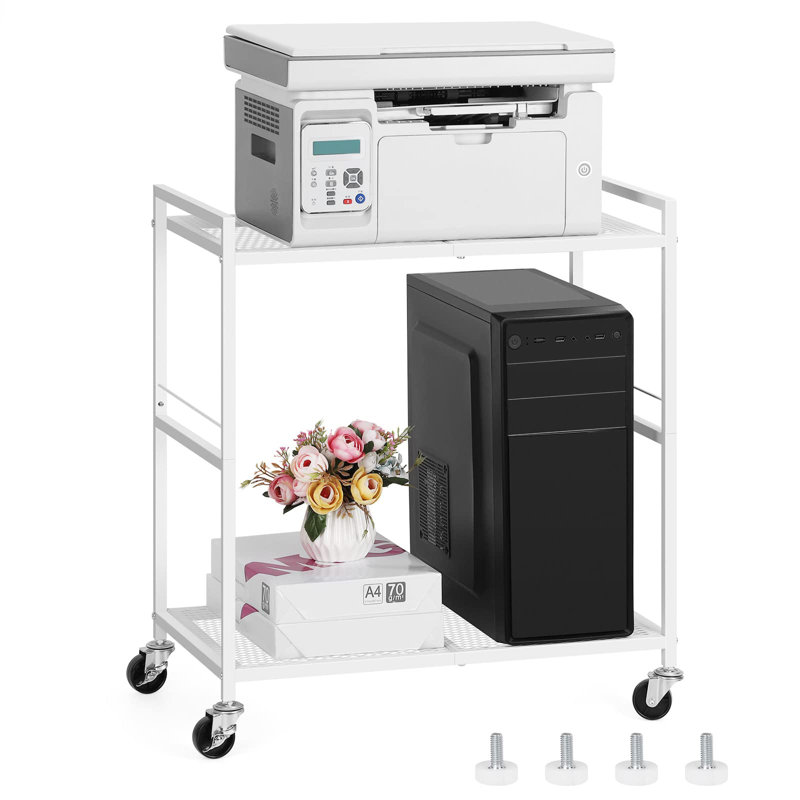 White Metal 2-Tier Mobile Printer and PC Tower Stand