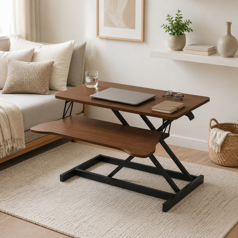 Adjustable Overbed Table with Two-Tier Split Top for Laptop Work, Walnut Wood