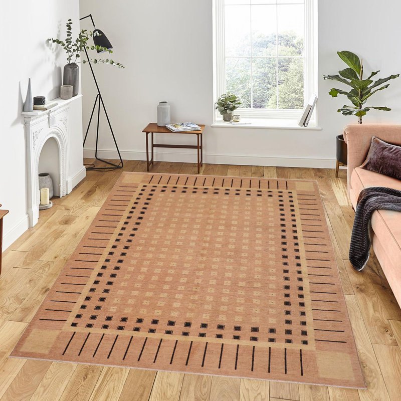 Tapis géométrique rose en laine noué à la main 8 pi 1 po x 9 pi 8 po Baccio